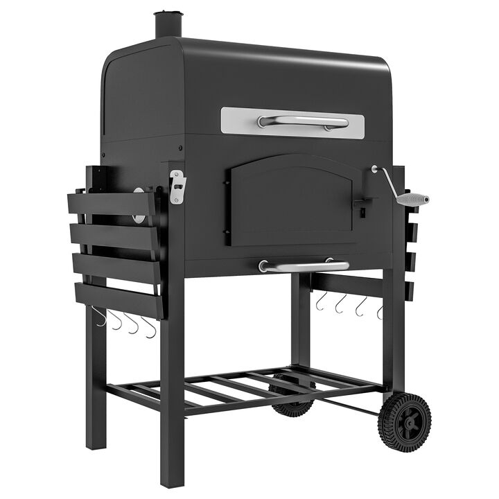 Outsunny Charcoal Grill BBQ with Adjustable Height, Portable Barbecue Smoker with Folding Shelves, Thermometer, Bottle Opener, Wheels for Outdoor Camping, Picnic, Patio, Backyard, Black