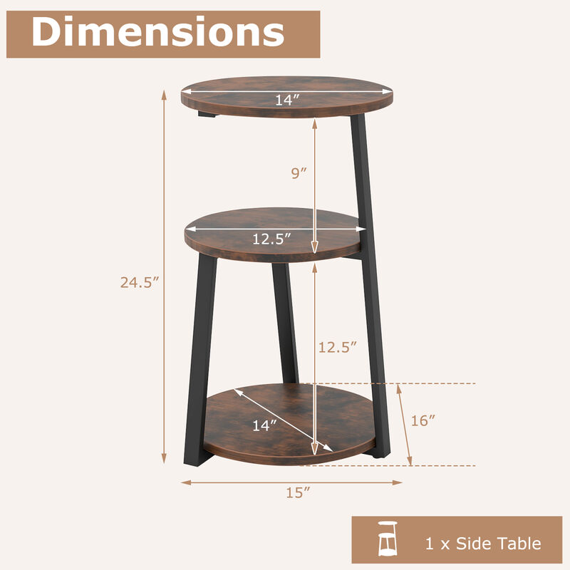 3-Tier Accent Round Side Table with Metal Frame