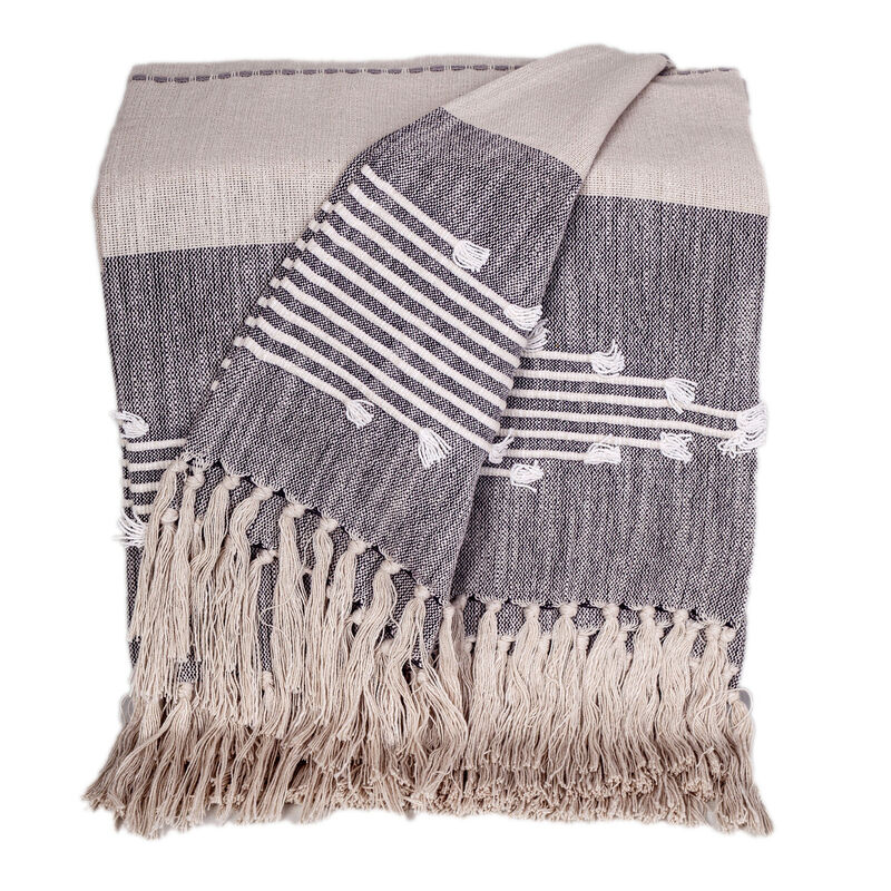 HomeRoots 50" X 60" Ivory and Gray Woven Cotton Striped Throw Blanket with Fringe and Embroidery image number 3