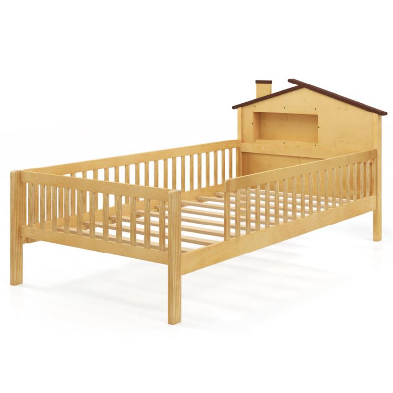 Hivvago Twin Size Kids Montessori Bed with House-Shaped Headboard and Built-in Storage Shelf