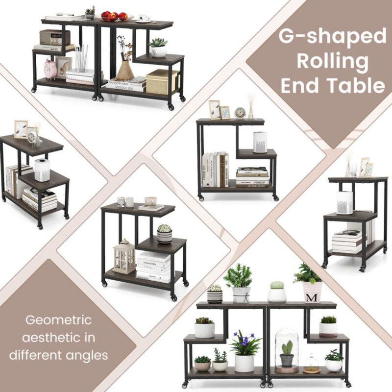 Hivvago G-shaped Side Table 3-Tier Mobile End Table with Open Shelves