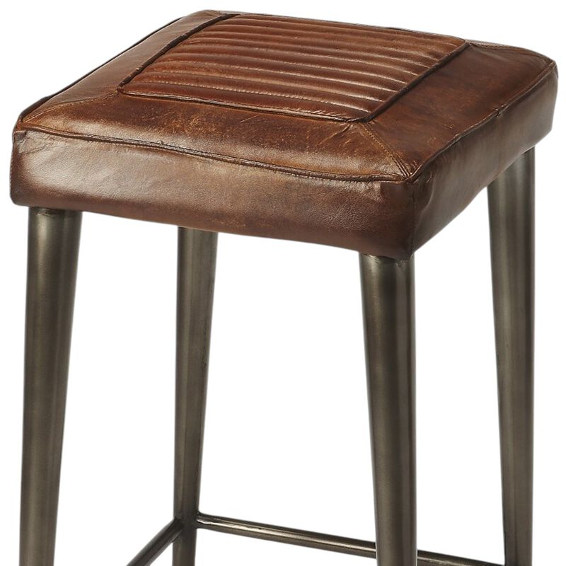 HomeRoots 32" Brown And Gray Genuine Leather And Iron Backless Counter Height Bar Chair image number 2