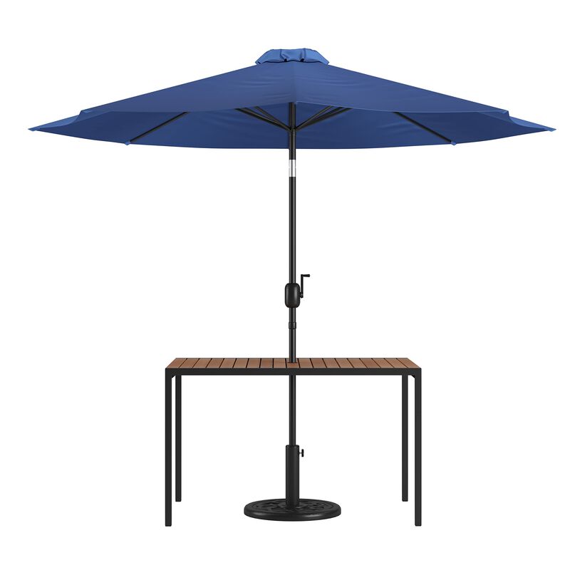 Flash Furniture Lark 3 Piece Outdoor Patio Table Set - Natural Faux Teak Dining Table - 30" x 48" Synthetic Teak Patio Table with Navy Umbrella and Base image number 1