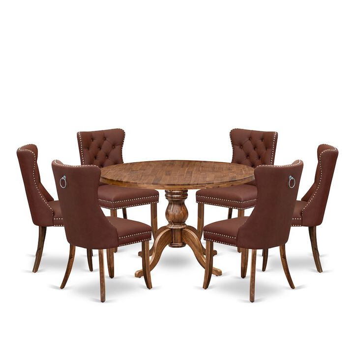 7-Pc Dinner Table Set Contain A Mid Century Dining Table And 6 Burgundy Chairs