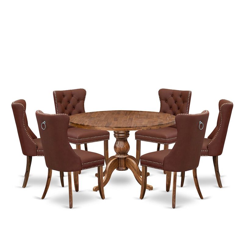 7-Pc Dinner Table Set Contain A Mid Century Dining Table And 6 Burgundy Chairs