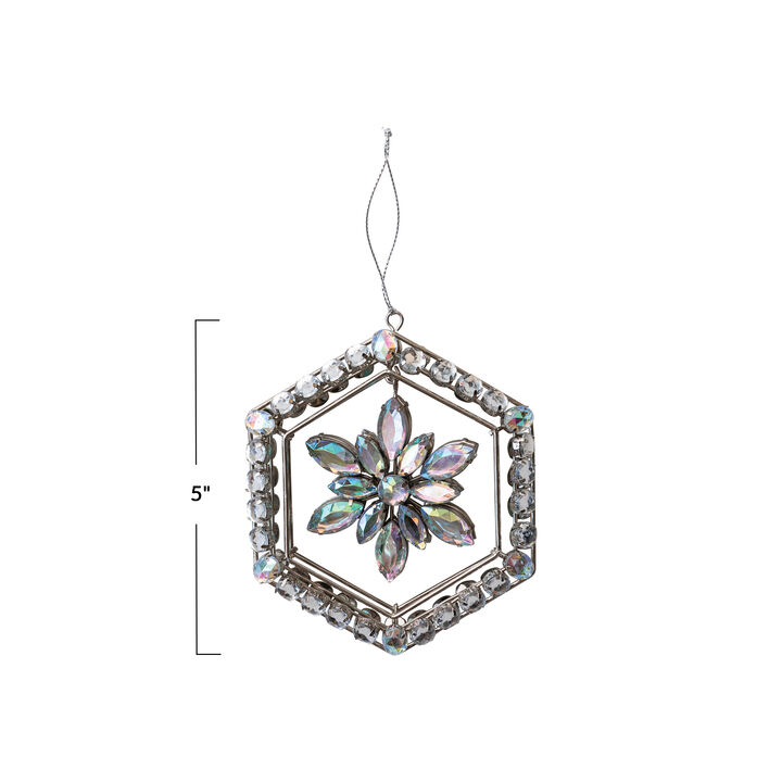 Metal and Acrylic Jewel Snowflake Ornament with Hexagon Frame, Silver Finish