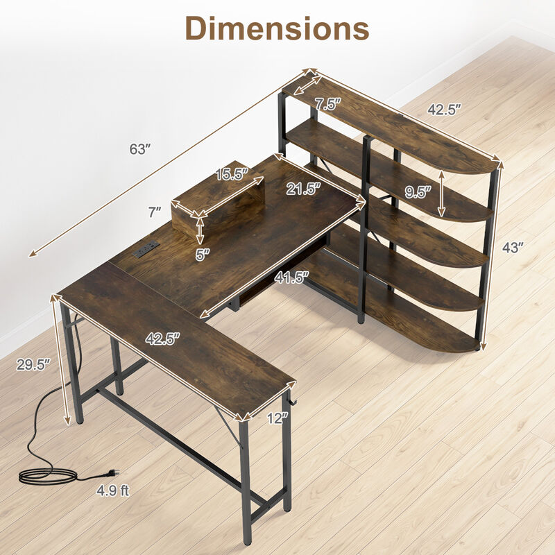 U Shaped Computer Desk with 5 Tier Storage Bookshelf and Keyboard Tray image number 2
