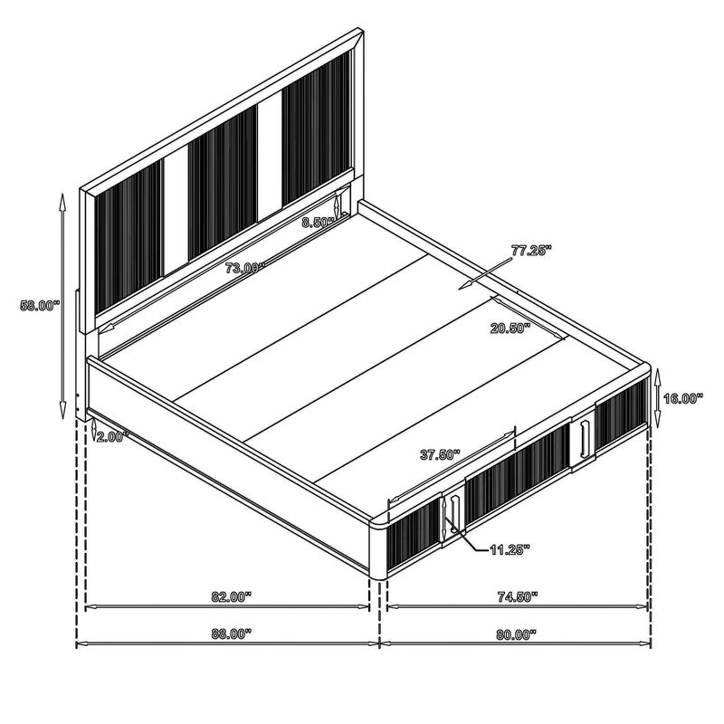 Reon King Platform Bed w 2 Storage Drawers, Reeded Ash Brown Black - Benzara