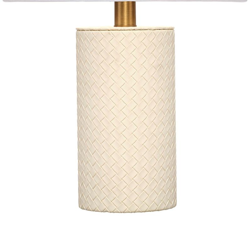 Myn Table Lamp, 18 Inch, White Linen Drum Shade, Cream Leather Base