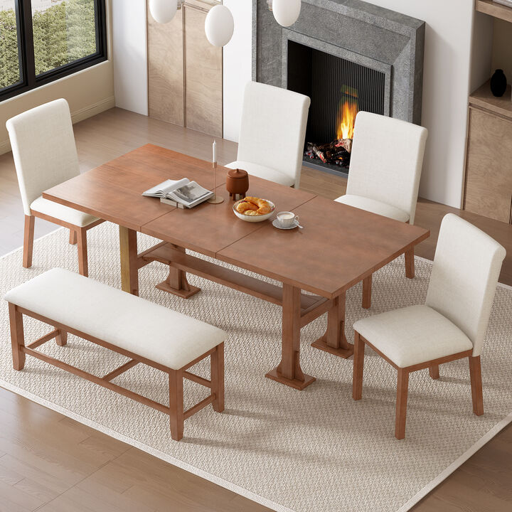 Merax Expandable Dining Table Set with 4 Cushioned Chairs & Sturdy Bench, Solid Wood Construction