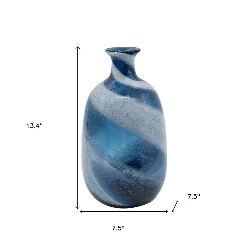 HomeRoots 13" Blue And White Striped Swirl Art Glass Table Vase image number 6