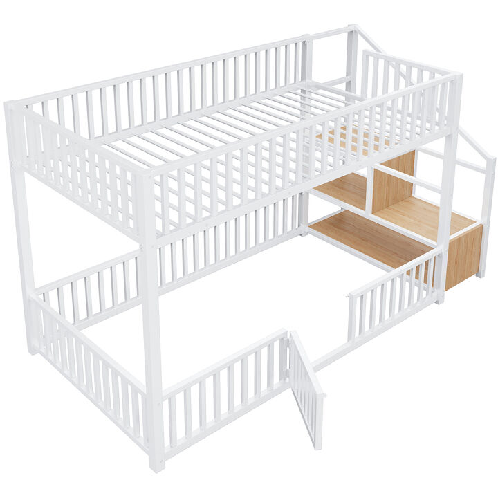 Merax Low-Profile Twin Over Twin Metal Bunk Bed with Storage Ladder
