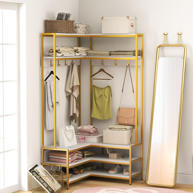Corner Garment Rack with 7 Hooks, Open Shelves, and Shoe Bench for Entryway