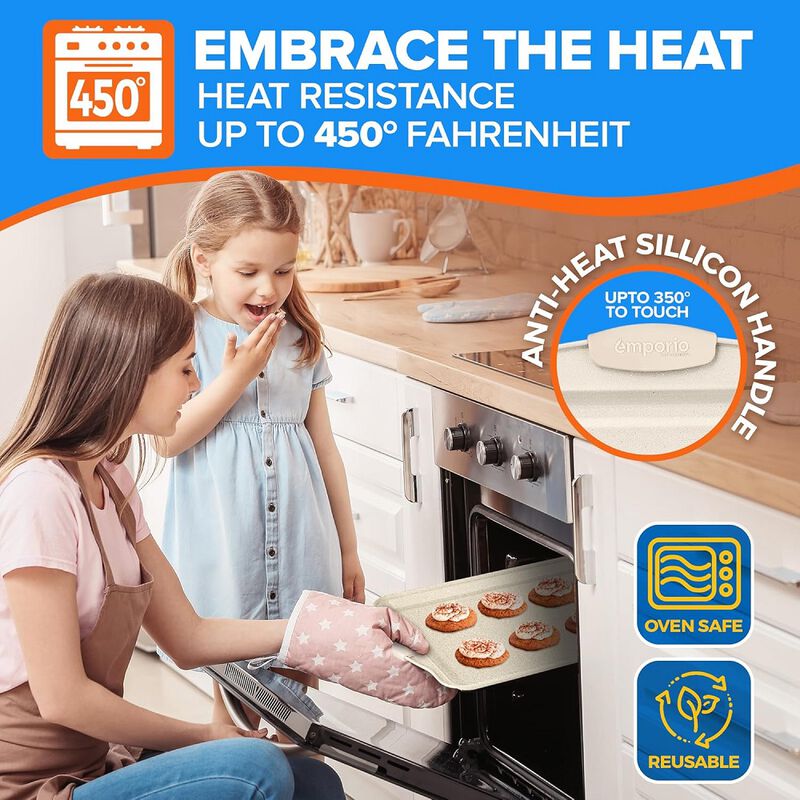 Baking Pan Set - Nonstick Coating, Carbon Steel Bakeware Set with White Silicone Handle, PFOA, PFOS, PTFE Free, Recipe Booklet Included, Oven Safe Tray (Up To 450&deg; F), Set of 3 - White