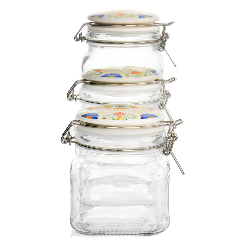 Laurie Gates California Designs Tierra 3 Piece Glass Canister Kitchen Set with Decorated Lids