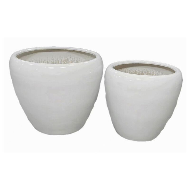 Garden Planter Set of 2, Modern Bowl Shaped Flower Pot, White Ceramic - Benzara