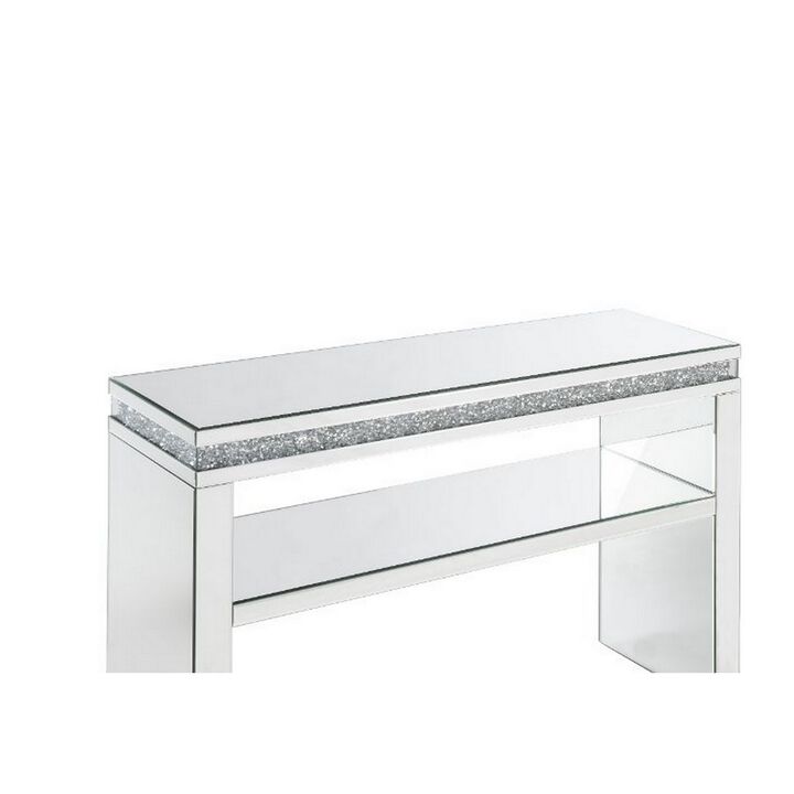 Sofa Table with Mirror Panel Frame and 1 Glass Shelf, Silver-Benzara