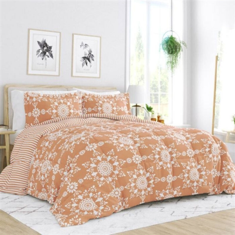 2 Piece Reversible Daisy Medallion Striped Comforter Set