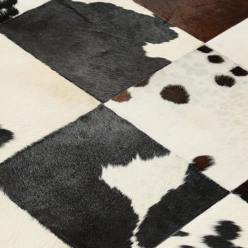 Brown and White Cowhide Patchwork Rug image number 4