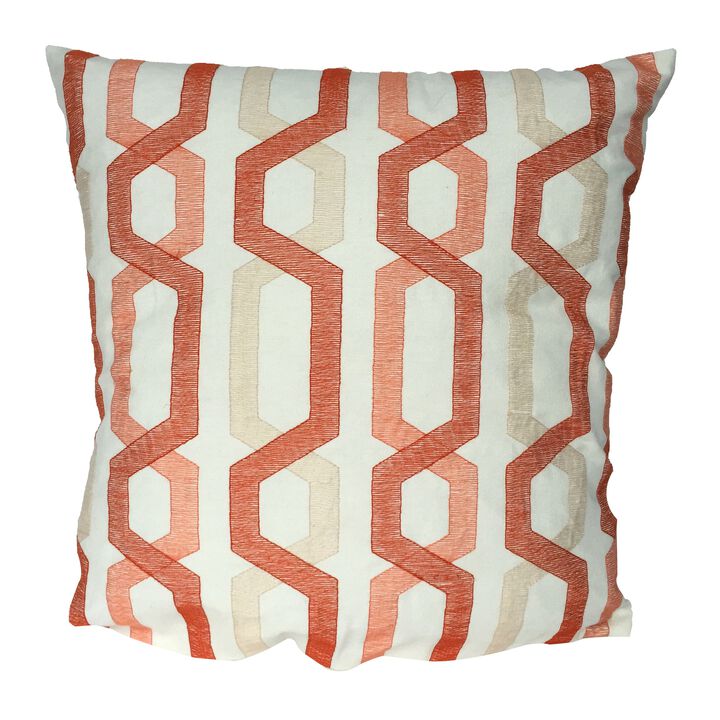 Contemporary Cotton Pillow with Geometric Embroidery, Red and Cream - Benzara