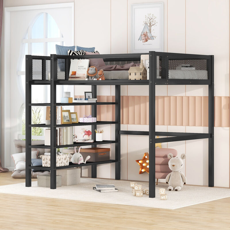 Twin Size Metal Loft Bed with 4Tier Shelves and Storage, Black
