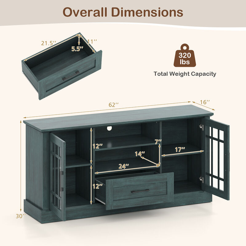 TV Console Stand with Glass Doors, Cubbies, and Storage Drawer image number 2