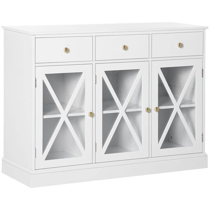 HOMCOM 45" Farmhouse Sideboard Buffet Cabinet, Credenza,Coffee Bar Cabinet with Glass Doors and 3 Drawers, White