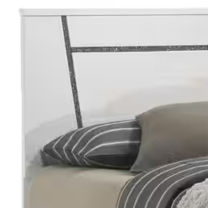 Lif High Gloss California King Bed, Glitter Filled Panel, Solid Wood, White - Benzara