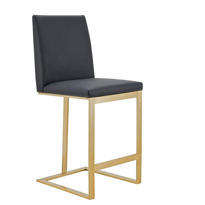 Cid Anki Counter Stool Chair, Dark Gray Faux Leather, Brass Stainless Steel - Benzara