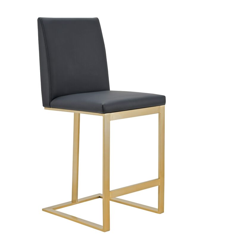 Cid Anki Counter Stool Chair, Dark Gray Faux Leather, Brass Stainless Steel - Benzara image number 0
