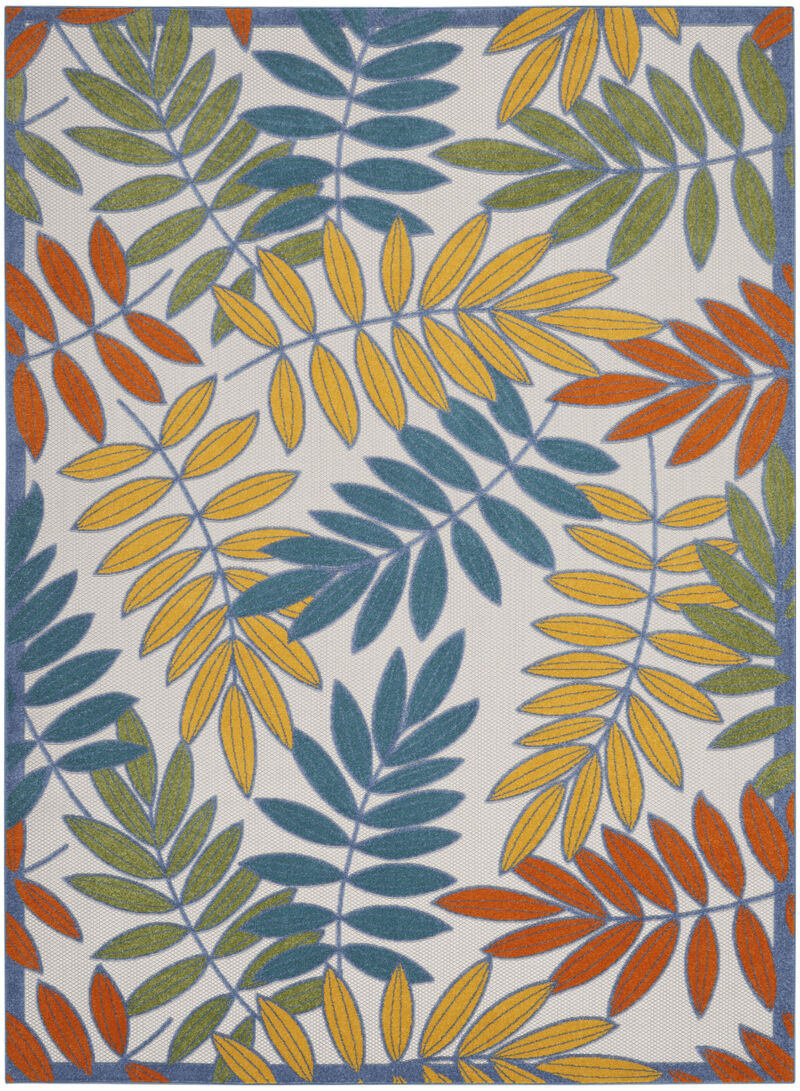 HomeRoots 10' X 14' Ivory Blue Orange And Green Palm Leaf Indoor Outdoor Area Rug image number 0