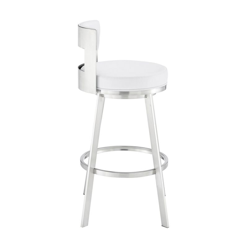 Nova 30 Inch Swivel Barstool, Panel Back, Steel Frame, White Faux Leather - Benzara