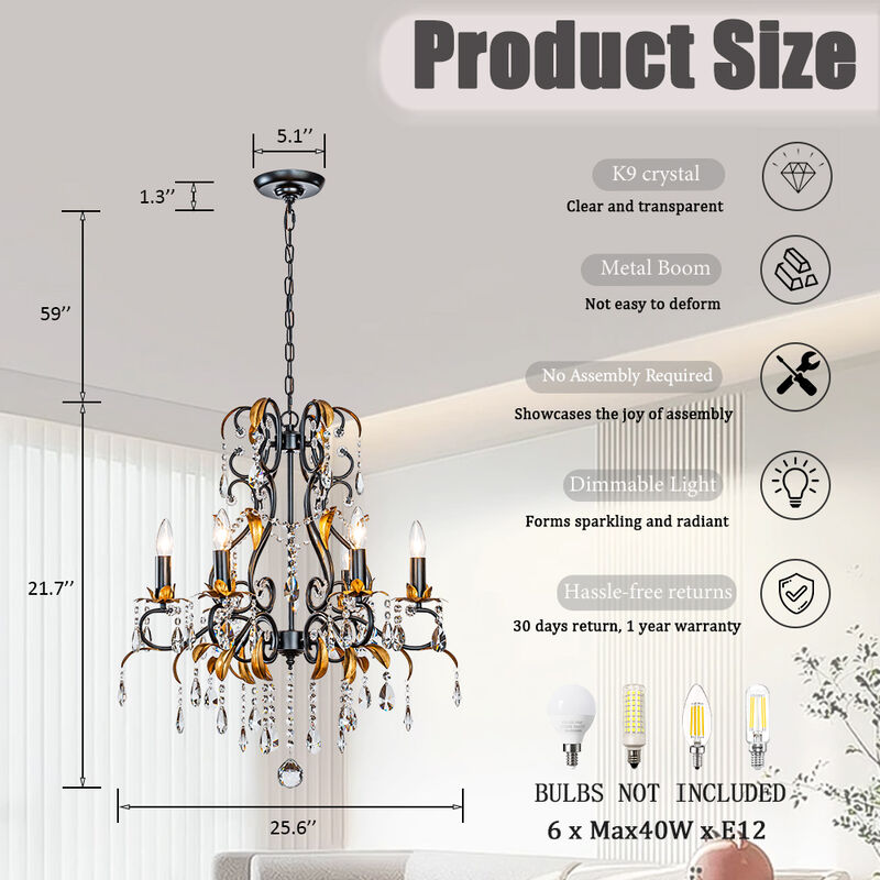 Mid-Century French Style 6-Light Crystal Chandelier in Matte Black and Antique Gold Finish For Versatile Interiors image number 5