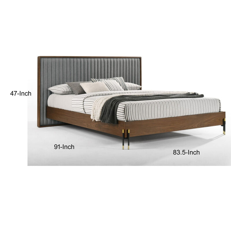 Noe Sia King Size Platform Bed, Channel Tufted Upholstery, Gray, Brown - Benzara