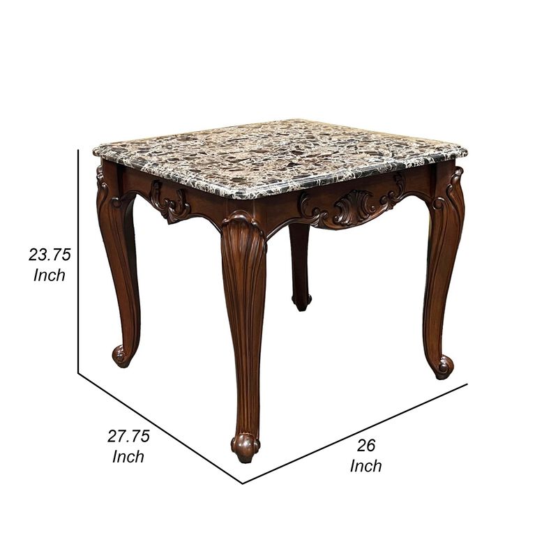 Aliya Side End Table, Rectangular 28 Inch Marble, Cherry Brown Wood
