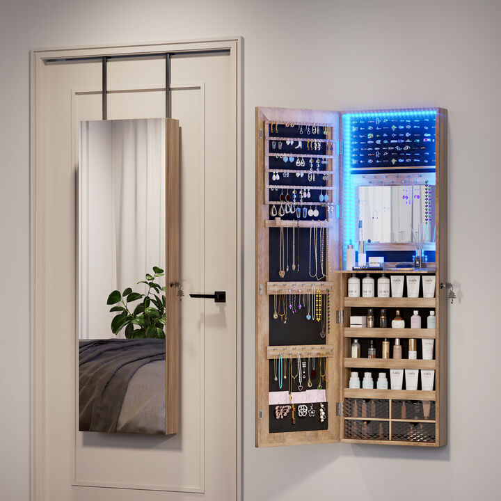 Wall Mounted Jewelry Cabinet with Full Length Mirror, LED Lights, Lockable Storage and Over The Door Design
