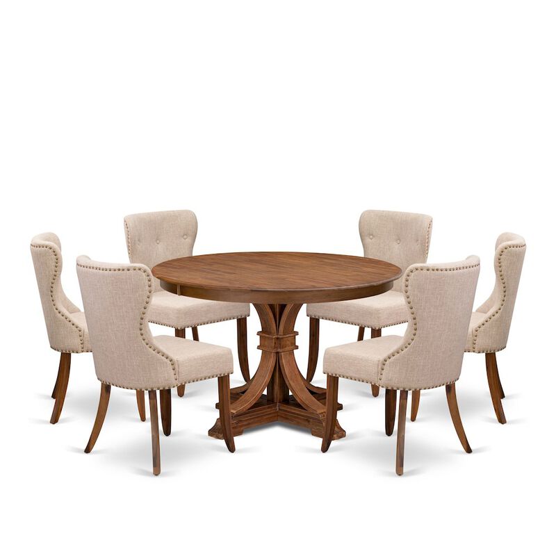 7-Pc Kitchen Table Set Of A Pedestal Dining Table, 6 Light Tan Fabric Chairs