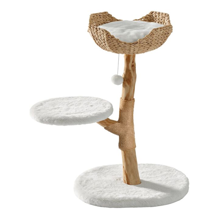 Boho Solid Wood Cat Tree with Wicker Basket Bed for Indoor Cats