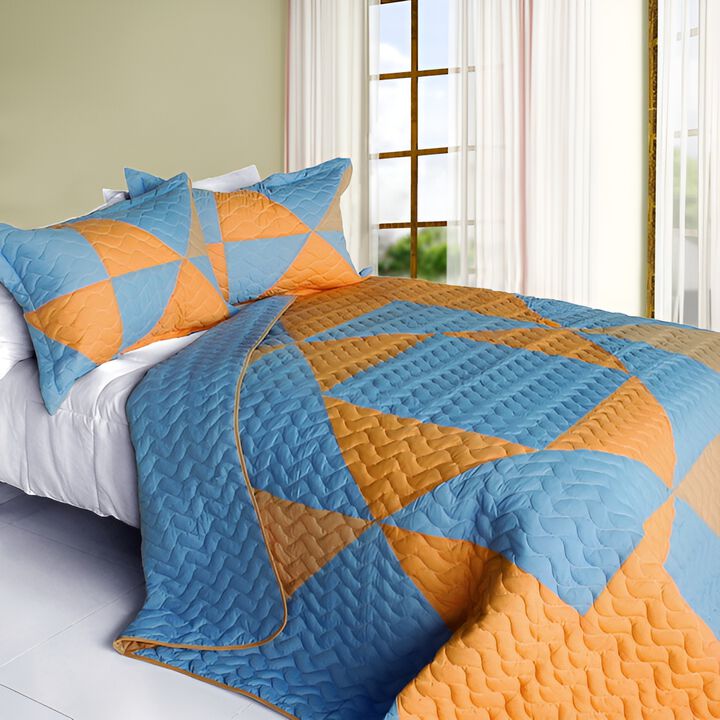 Cozy 3PC Patchwork Quilt Set with Vermicelli Quilting for Bedding Style-Blue