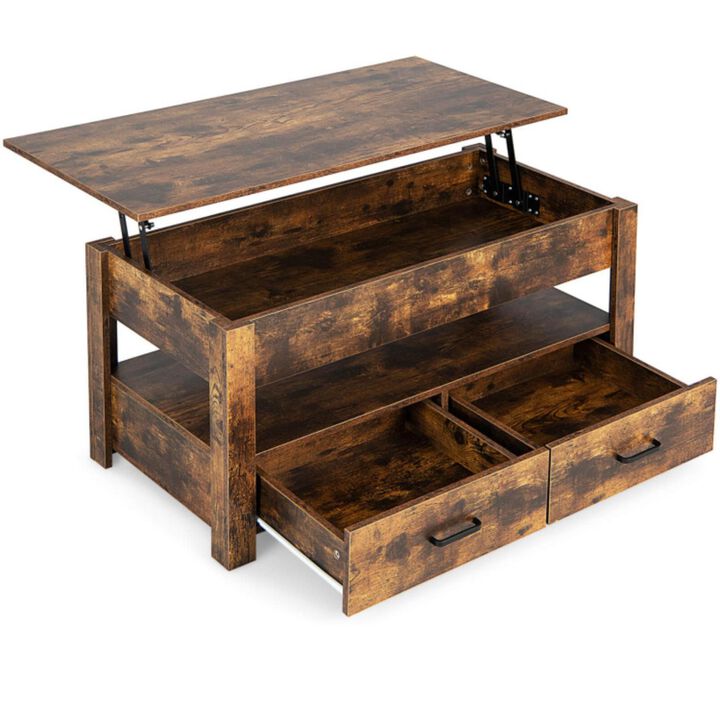 Hivvago Lift Top Coffee Table with 2 Storage Drawers and Hidden Compartment-Rustic Brown