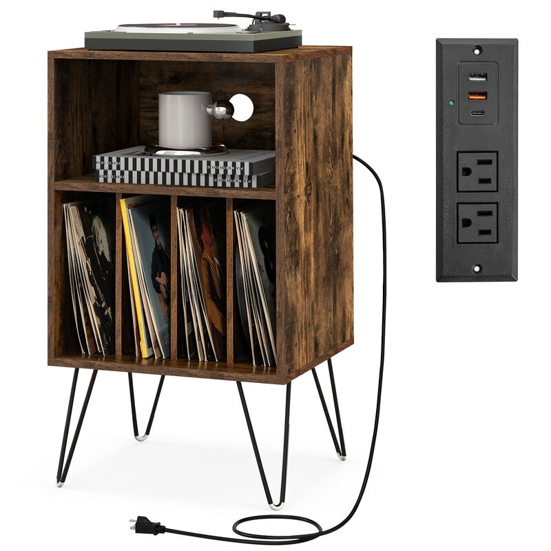 Record Player Stand with Charging Station for Living Room or Bedroom Storage and Decor
