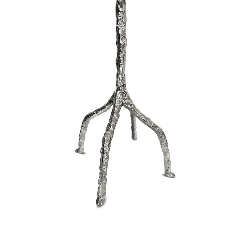 71 Inch Modern Aluminum Coat Stand, Branch Accent, Perched Bird, Silver - Benzara