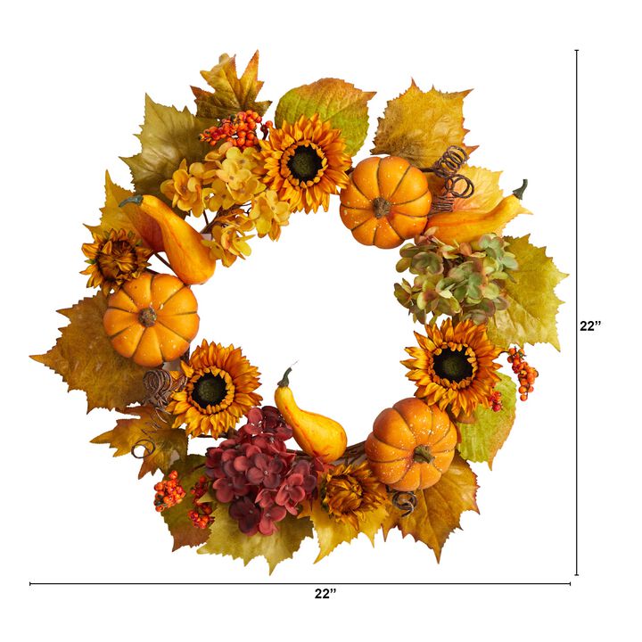 HomPlanti 22" Autumn Hydrangea, Pumpkin and Sunflower Artificial Fall Wreath