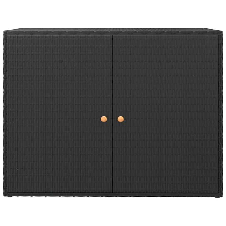 Outdoor Storage Cabinet, Solid Acacia Wood, 39 Inch Black PE Rattan - Benzara