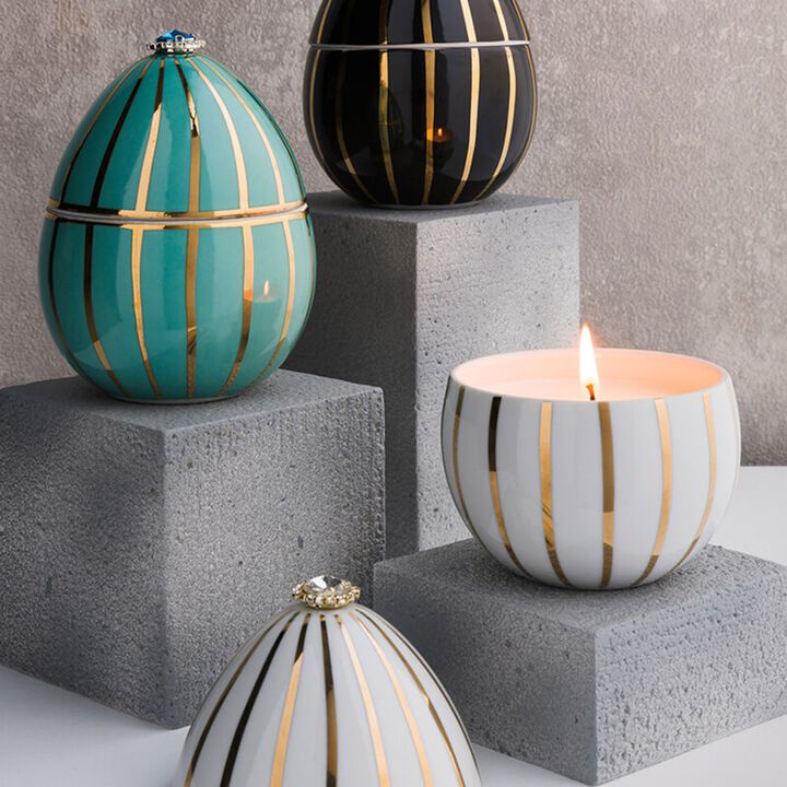 Candle in Ceramic Egg BOIS DE ROUSSIE 7 oz White Gold Stripes 5.12 diam. x 6.5 in