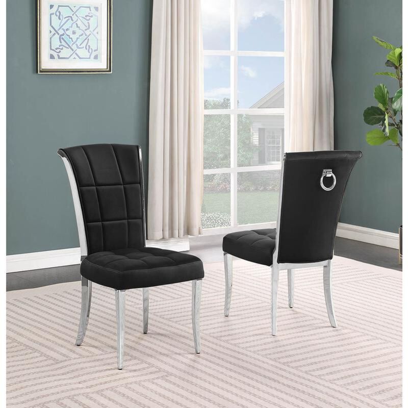 Best Quality Furniture Black Velvet Side Chairs With Silver Base And A Decorative Back Ring (Set Of 2)