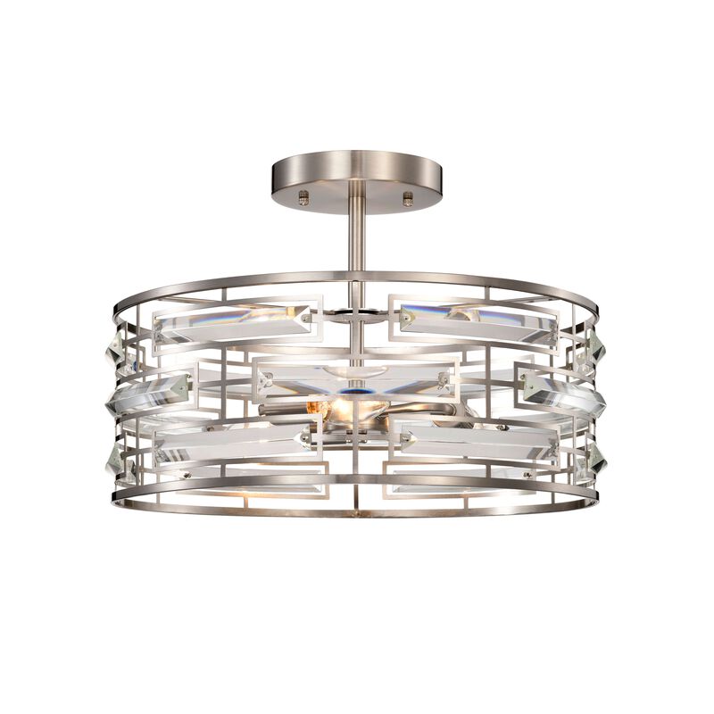 Ariel 17.2" Satin Nickel 3-Light Drum Shade Clear Glass Prism Flush Mount image number 0