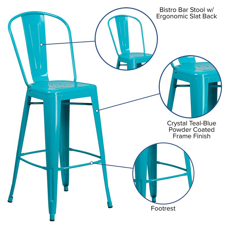 Flash Furniture Commercial Grade 30" High Crystal Teal-Blue Metal Indoor-Outdoor Barstool with Back