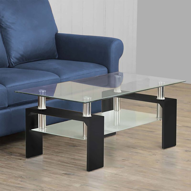 Glass Top Coffee Table with Metal Base and 1 Bottom Shelf, Clear and Black-Benzara