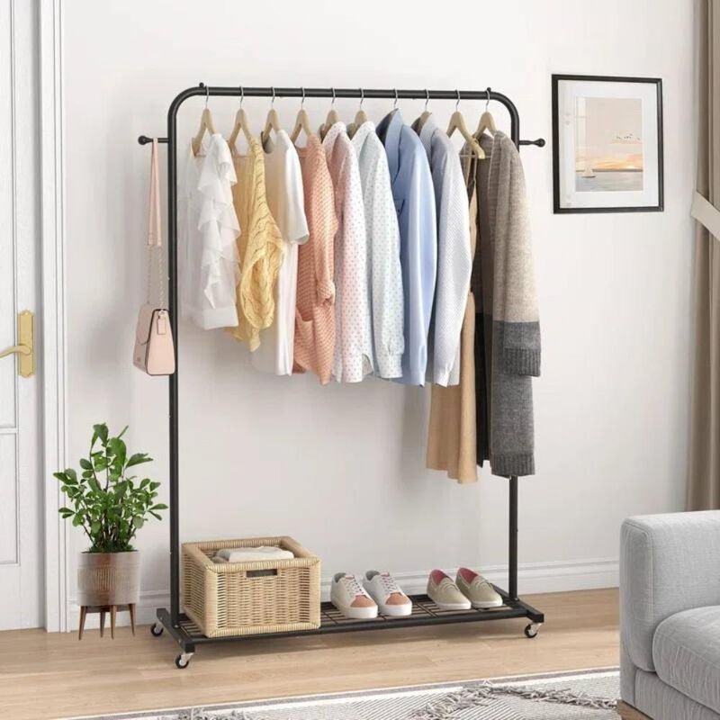 Hivvago Black Modern Garment Rack Clothes Hanging Rod with Lockable Wheels